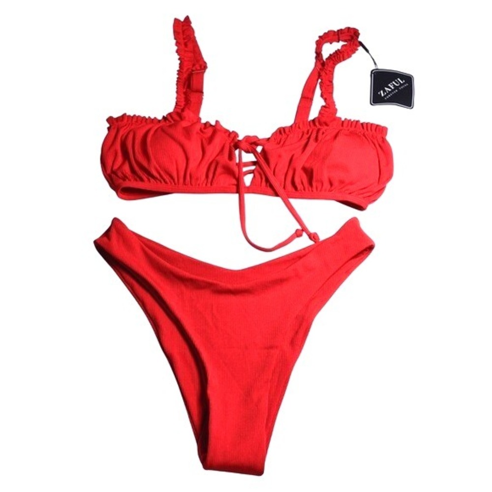 Zaful Womens Red Ribbed Ruffle Lace Up Bikini Set High Cut Swimsuit NWT Small